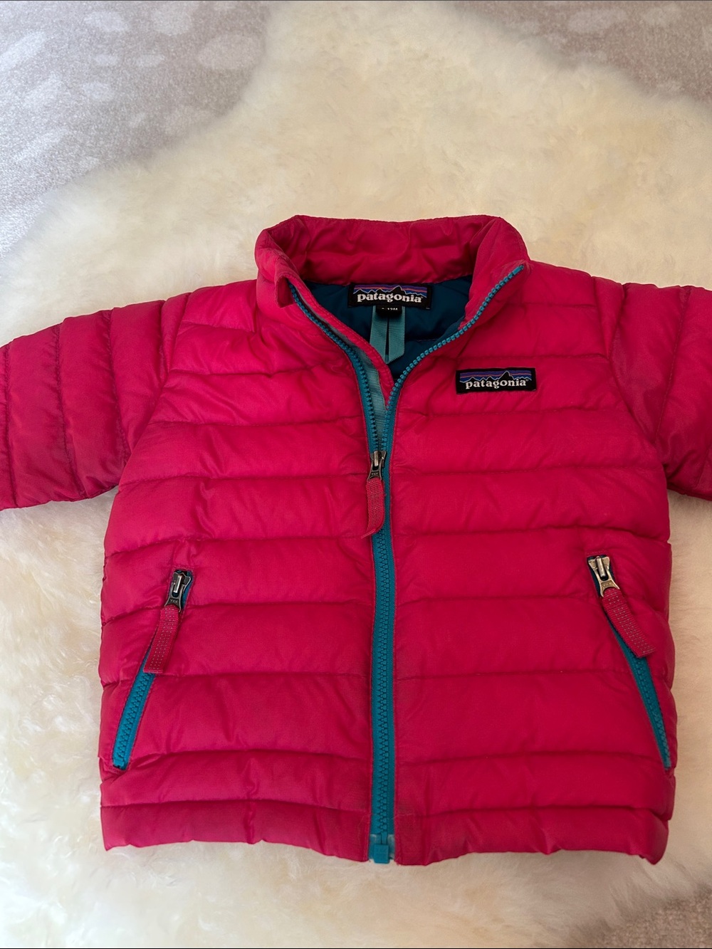 Patagonia Baby Pink Puffer Jacket with Teal Accents